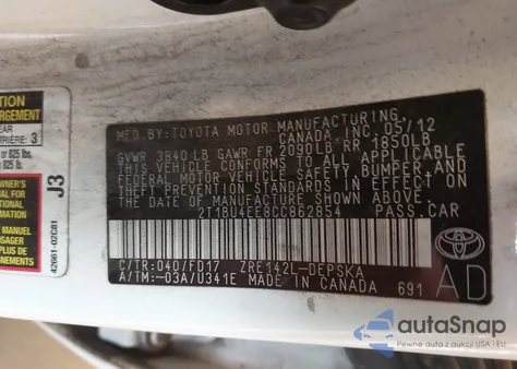 2012 Toyota Corolla S из США, поврежденный, VIN 2T1BU4EE8CC862854